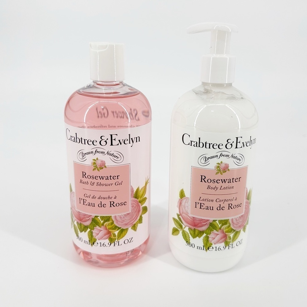 NEW 2 Crabtree & Evelyn Rosewater Body Lotion Pump & Bath Shower Gel 16.9 fl oz
